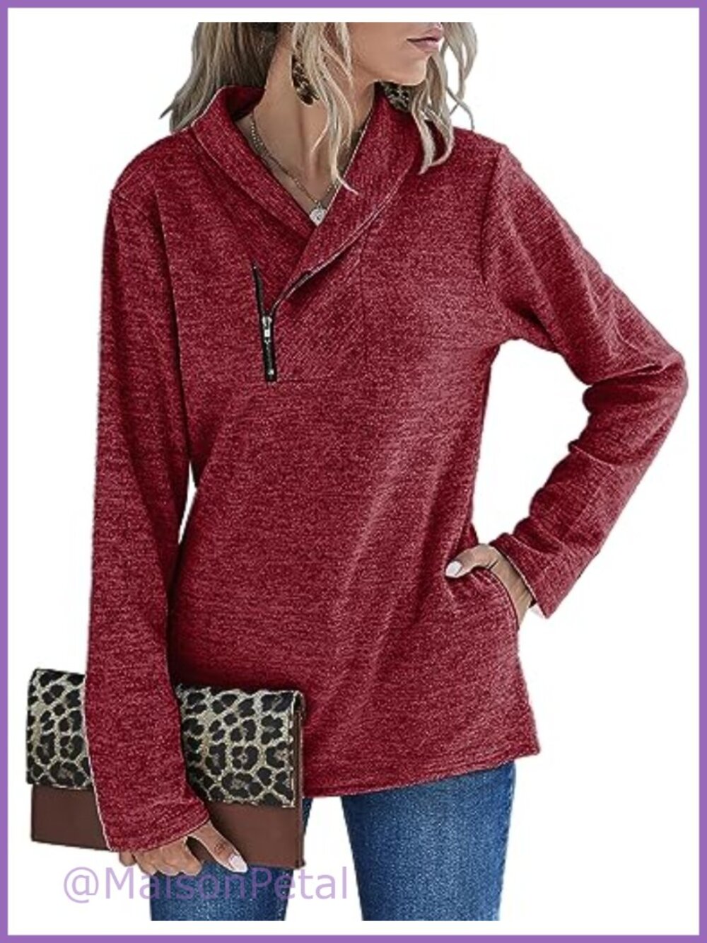 Women's Quarter Zip Fleece Sweatshirt Cowl Neck Pullover with Pockets